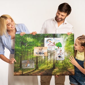 Amanecer en el bosque, tablero de corcho, tablero de notas XXL para estudiantes, verde, chinchetas, patrón personalizado, tablero de estado de ánimo