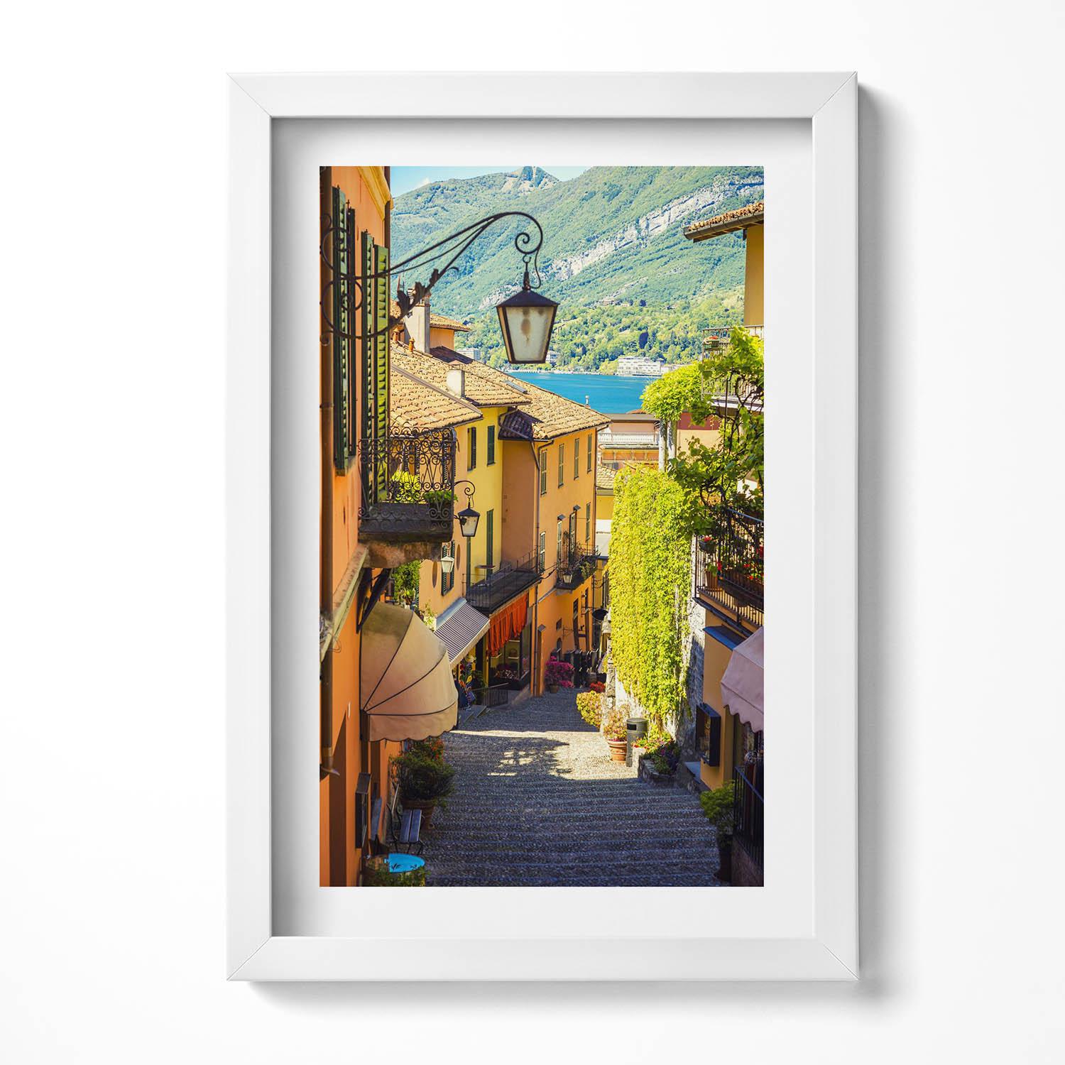 イタリアの町の絵のように美しい通りの絵画（額縁入り）、風景画（額縁