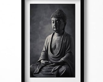 Black and White Photo of A Buddha Statue Framed Art, People