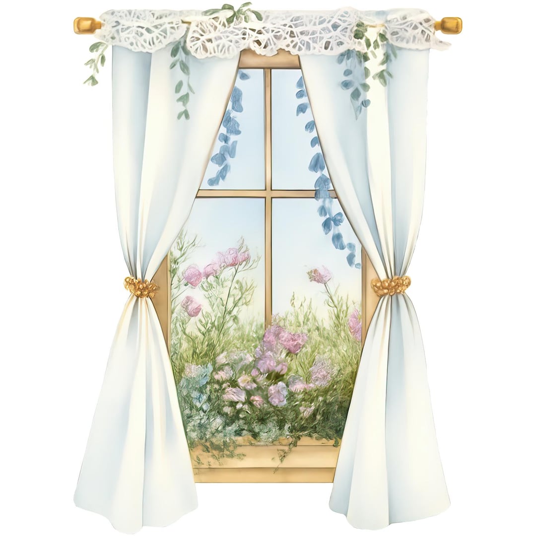 Window Curtains Sticker Faux Window Decal - Curtains With A View, White Wall Stickers, Flowers ...