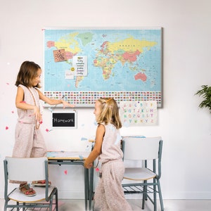 Geographie Weltkarte, große Korktafel, Druck auf Leinwand, Reise-Tracker, Karte der besuchten Länder, inklusive Pins, mehrfarbig