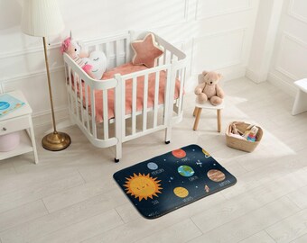 Solar System Soft Kids Rug, Blue Kids Decorations, Children's Room Carpet, Patterned Toddler Carpet, Baby Birthday Gift,