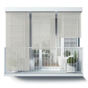 May include: White balcony blinds with a patterned design, covering three windows. The blinds are partially rolled up, revealing a view of a balcony with furniture and plants.