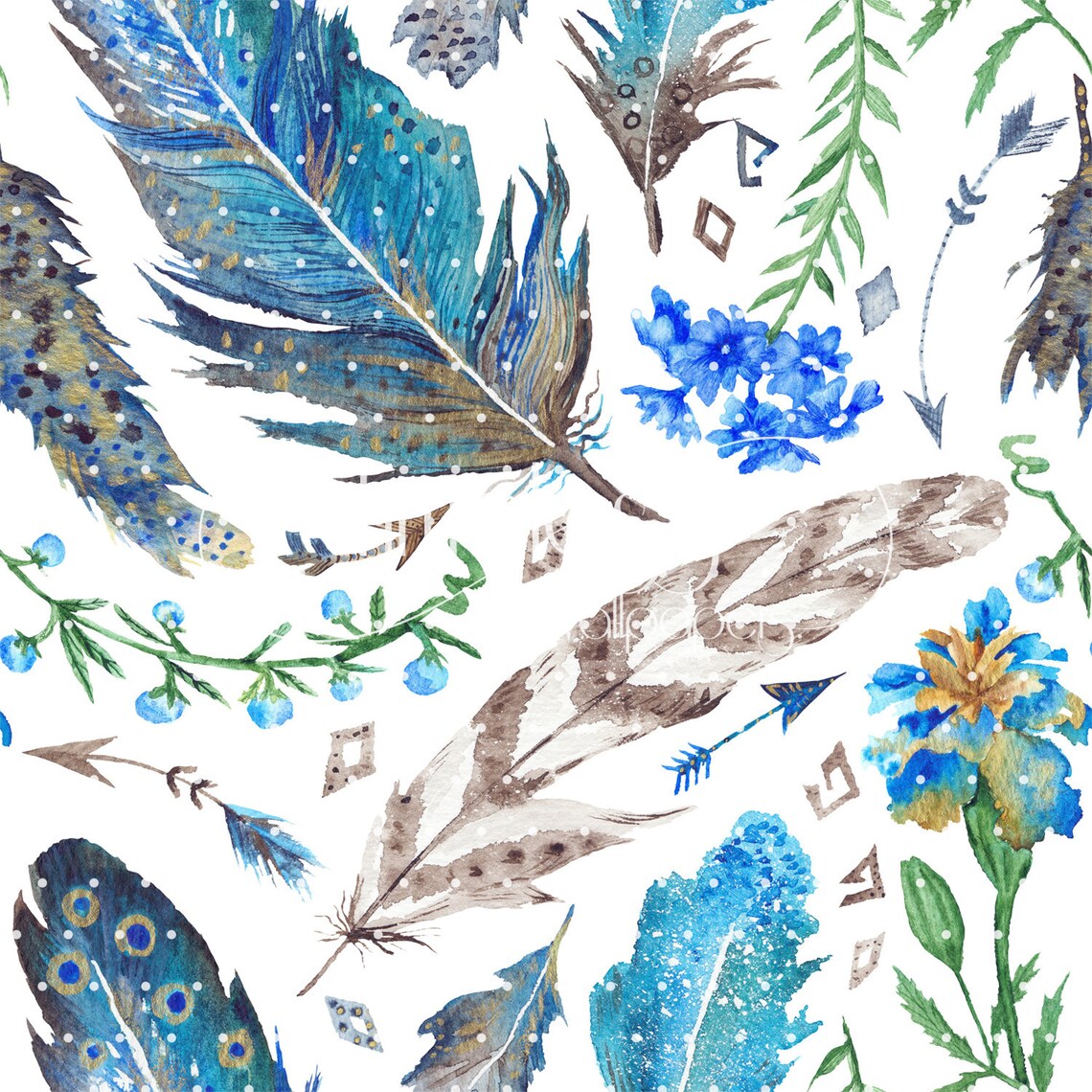 Boho Watercolor Removable Wallpaper Blue and Green Wall Mural Etsy