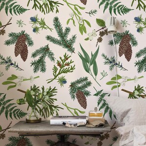 Abnehmbare Tapete Waldbotanische Tapete, Grün und Beige Wandbild, helle selbstklebende Tapete #12