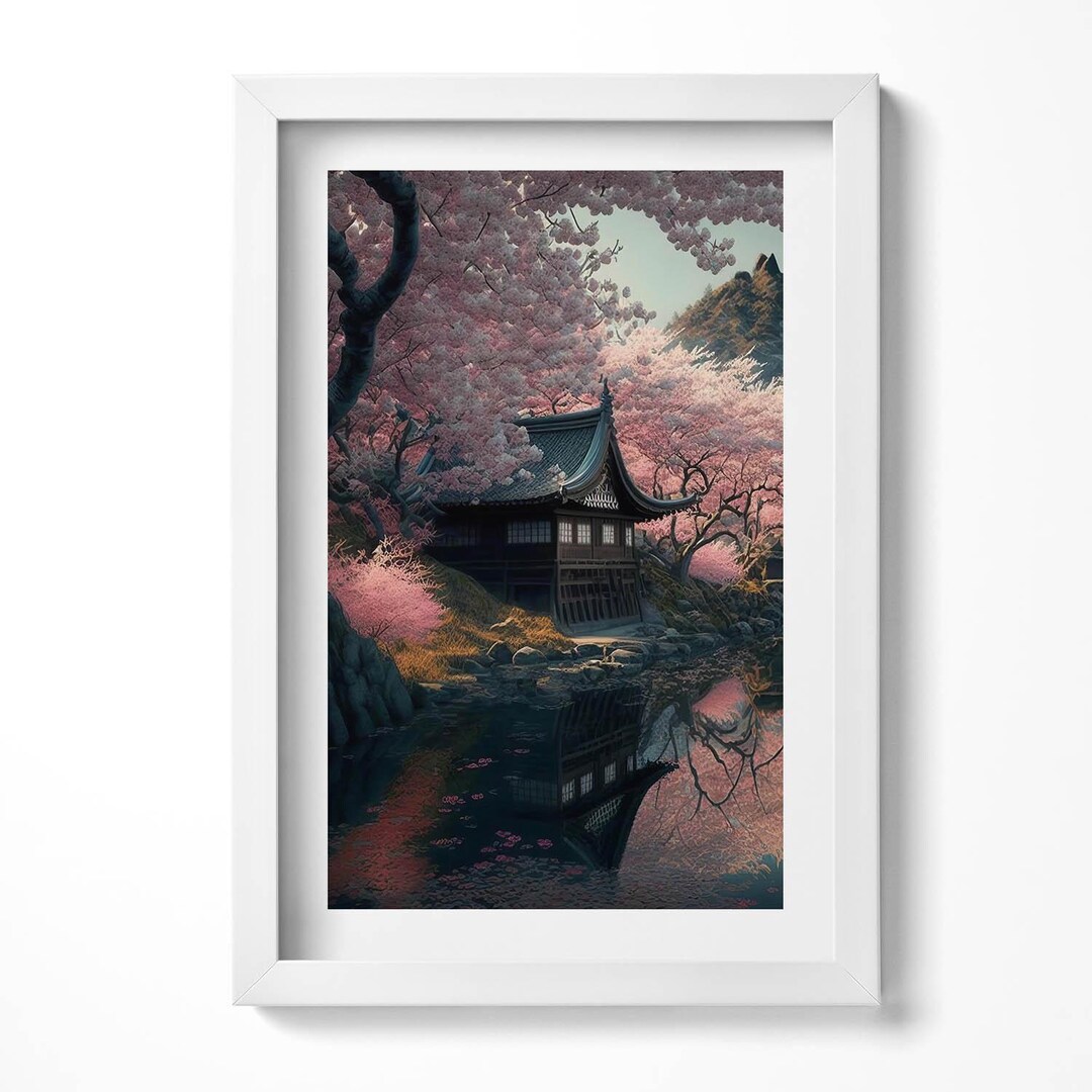 Beautiful Asian Cherry Blossom Painting in Frame, Nature Wall Art in ...