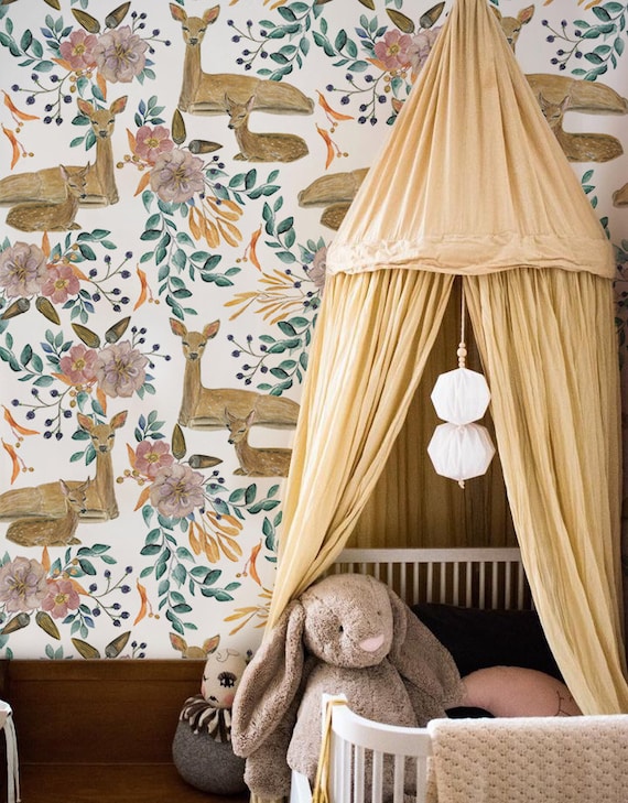 Watercolor deers removable wallpaper brown and green #67
