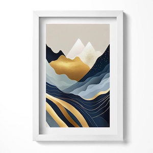 Abstract Mountains Print in Frame, Abstraction Art Print, Navy Wall Art