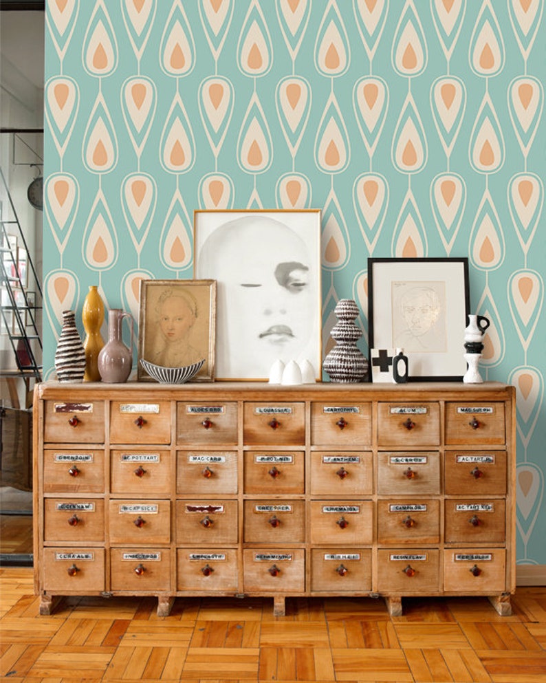 Vintage Removable Wallpaper Blue and Orange Wall Mural Etsy