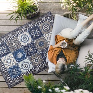Floral Tiles Elegant Tiles Porch Rug, Faux Tiles Outside Carpet, Navy Vinyl Rug, Poolside Rug, Outdoor Vinyl Mat, Waterproof Rug