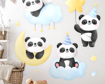 May include: Five watercolor panda bear stickers with different poses. One panda is sleeping on a cloud, one is holding a yellow star balloon, one is sitting on a cloud, one is sitting on a crescent moon, and one is sitting on a cloud.