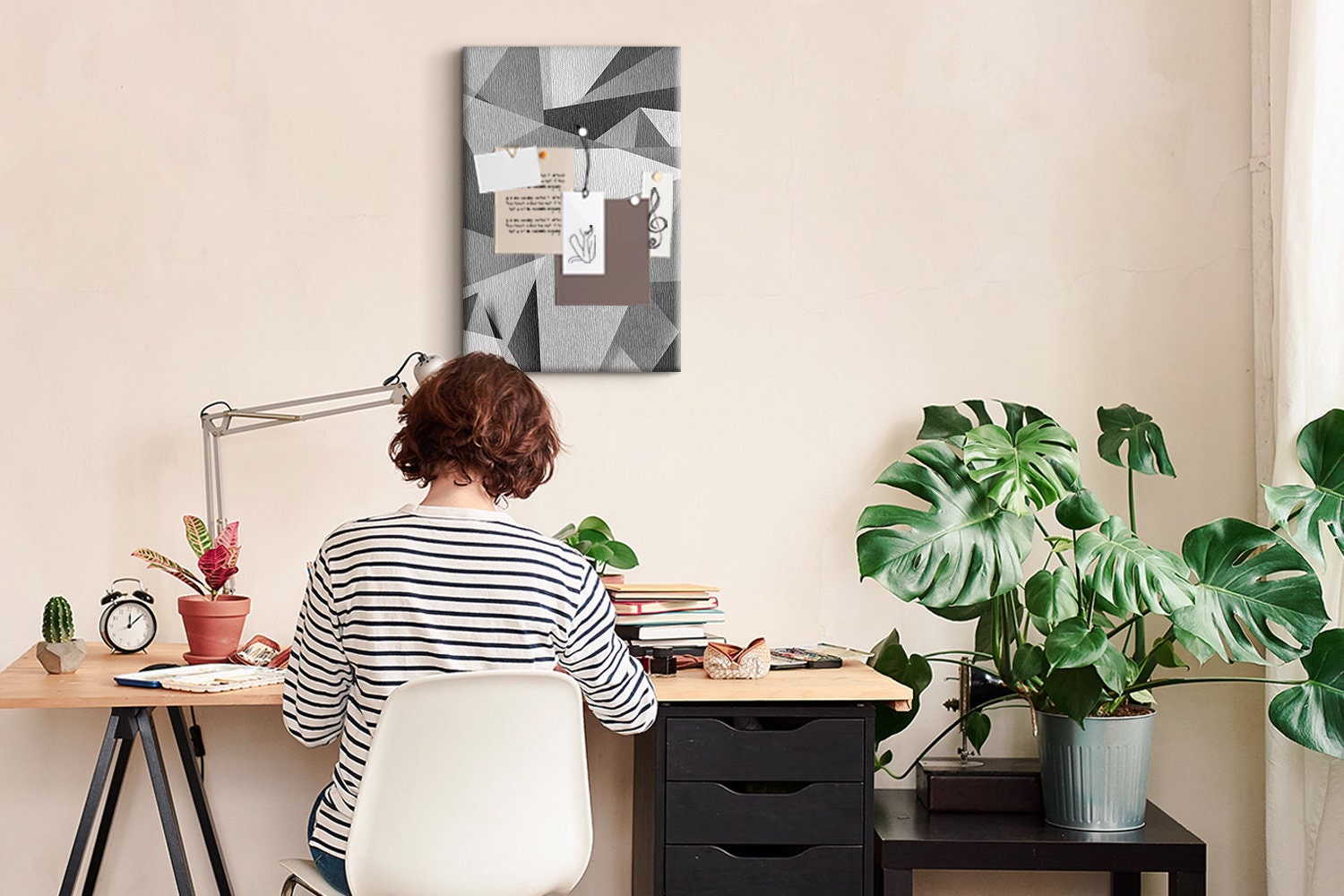 Geometric abstract, XXL Cork Board, Student's Notes Board, Push Pins, Custom Pattern, Photo Wall Display, Gray