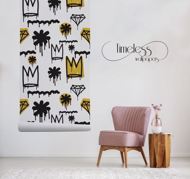 Graffiti crown removable wallpaper black and white wall mural wall art #438
