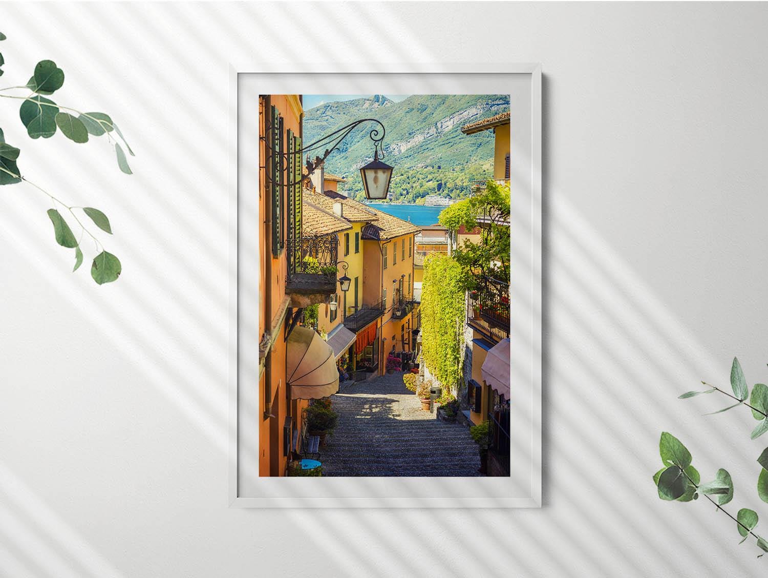 イタリアの町の絵のように美しい通りの絵画（額縁入り）、風景画（額縁