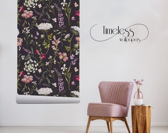 Dark Botanic Flowers Removable Wallpaper, Dark Background Wall Mural, Peel and Stick Wallpaper #96