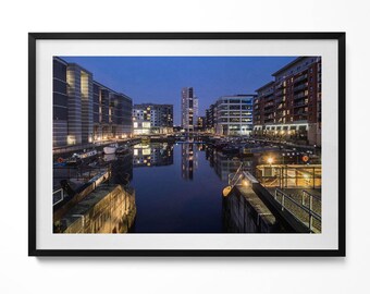 The City Of Leeds Illuminated At Night Framed Art, City Illustration in Frame , Navy Wall Art