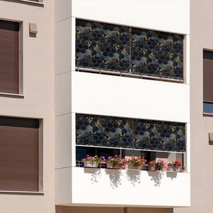 External Roller Blinds, Geometric Outdoor Roller Blinds, Leaves Hexagonal Pattern Shades, Navy Pull-Down Shades