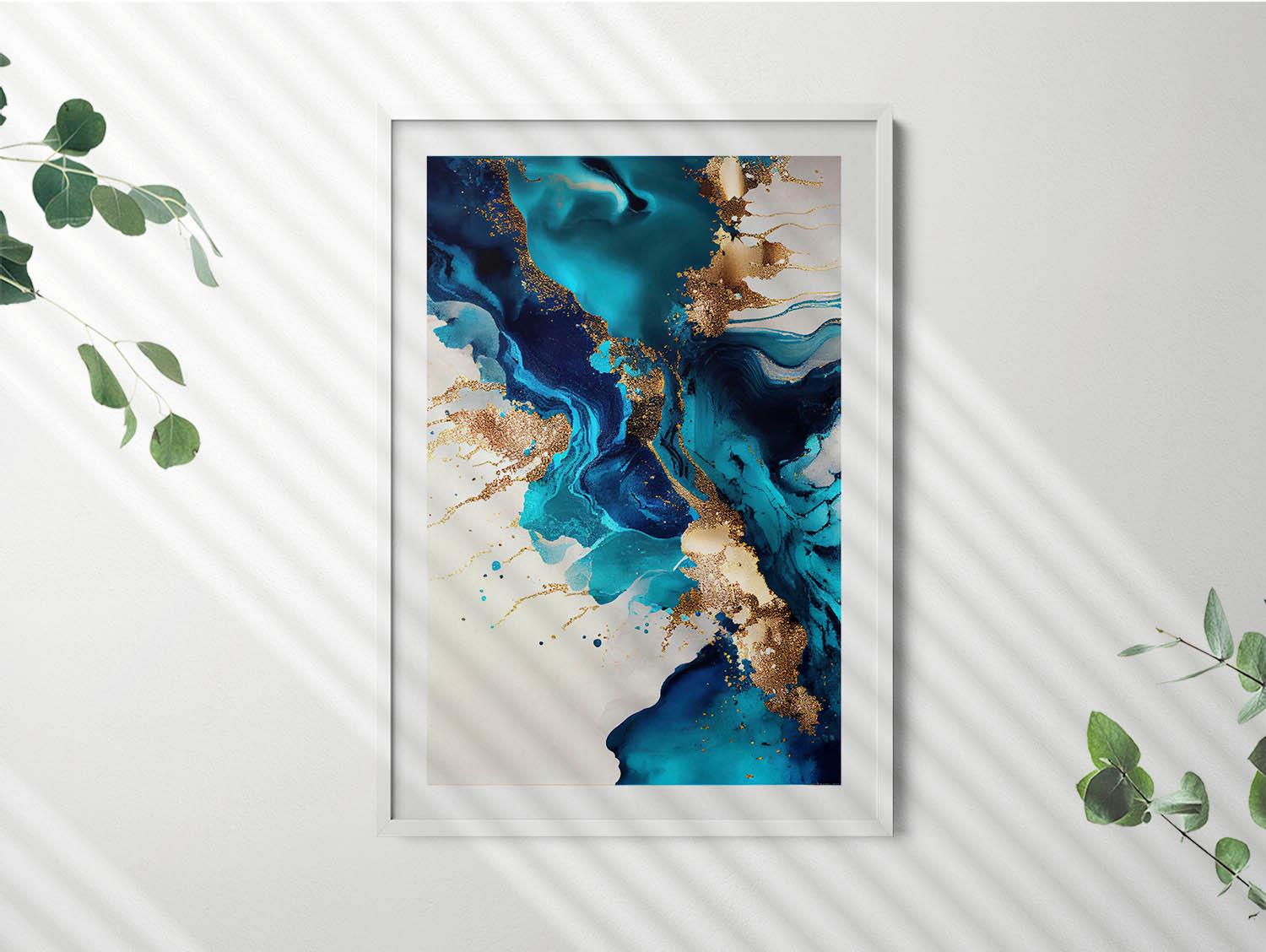 金枠のアートを使った液体抽象画、フレームに入った抽象画のイラスト