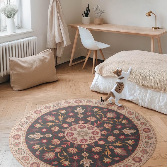 Dekoratives Pflanzenmotiv, Runder Teppich im persischen Stil, Muster-Vinylboden, Brauner Haustierfreundlicher Teppich, Schlafzimmerteppich, Leicht zu reinigender Teppich