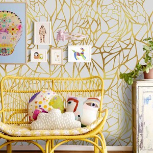 Carta da parati rimovibile con ornamenti dorati astratti, murale dorato e bianco, grande carta da parati glamour staccabile e attaccabile #413