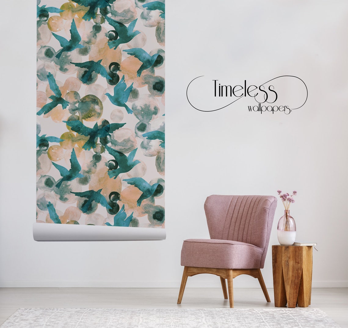 Abstract Birds Removable Wallpaper Blue and Yellow Wall Mural - Etsy