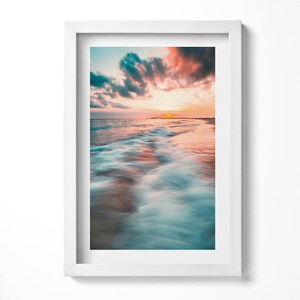 Romantic Sunset Over The Sea Waves Print in Frame, Landscape Art Print, Blue Wall Art
