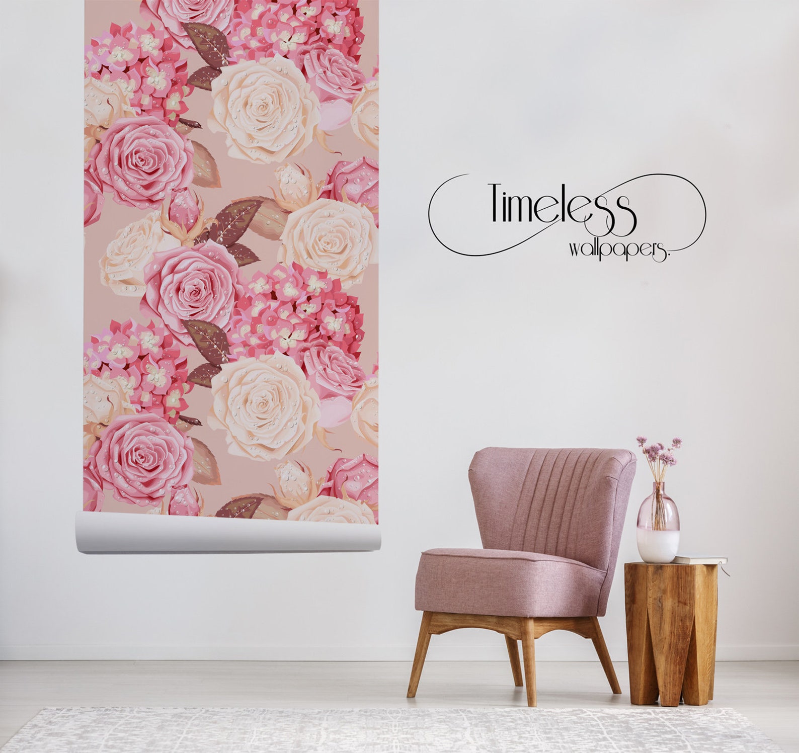 Roses and Hydrangea Removable Wallpaper Pink and White Wall | Etsy