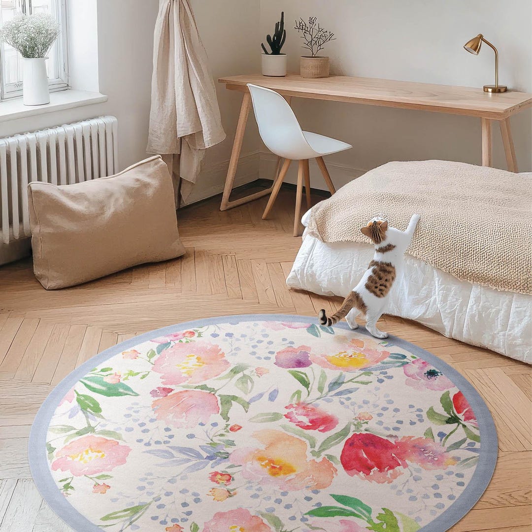 Sprinkle Area Rug Watercolor Flowers Round Area Rug, Flowers and Plants Vinyl Flooring ...