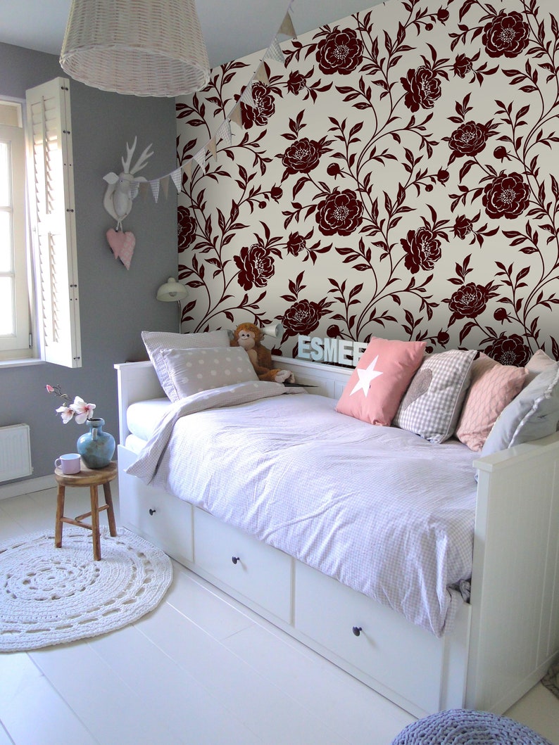 Floral removable wallpaper red and golden wall mural peel and Etsy