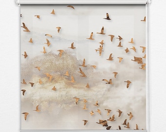 Roller Shades, Blackout or Sheer, A group of birds, Gray and Golden, Animals, Contemporary Roller Blinds, Decorative Roman Blinds