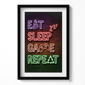 Inscription For The Player &quot;Eat Sleep Game Repeat&quot; Print in Frame, Writings Art Print, Brown Wall Art