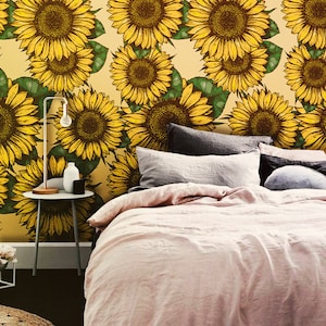 Papier peint champ de tournesols, papier peint amovible, jaune, vert, fleuri, verdure, papier peint autocollant, papier peint floral n° 561