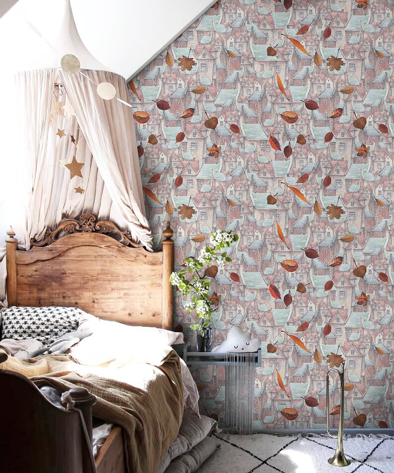 Autumn old town removable wallpaper brown and blue #77
