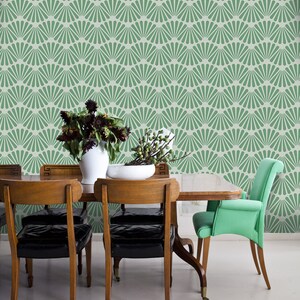 Carta da parati rimovibile con texture Art Déco, murale verde e bianco, carta da parati glamour staccabile e attaccabile #419