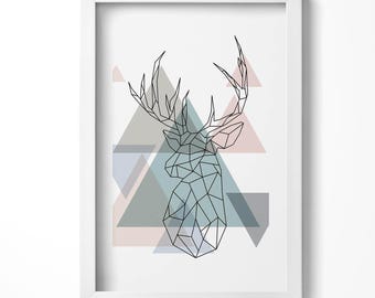 Geometric Reindeer Painting in Frame, Abstraction Wall Art in Frame, Gray Wall Art