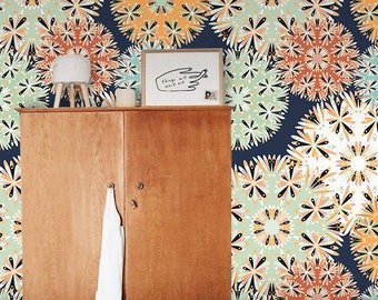 Beautiful Decorative Elements Removable Wallpaper, Colorful Green Orange Wall Mural, Reusable Wallpaper #151