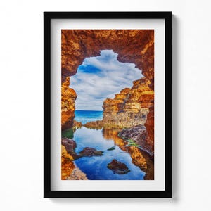 View From Under The Rocks To The Sea Painting in Frame, Landscape Wall Art in Frame, Brown Wall Art