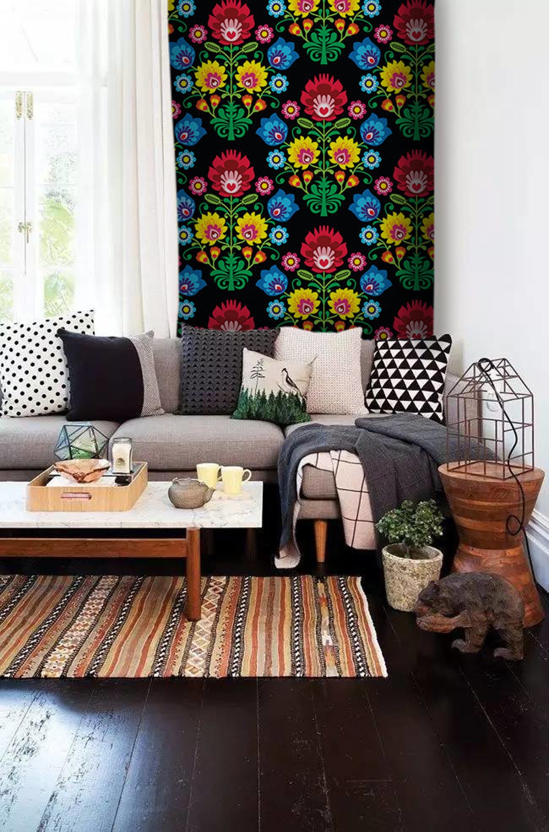 Polish Folk Art Removable Wallpaper Colorful Blue and Yellow Wall Mural