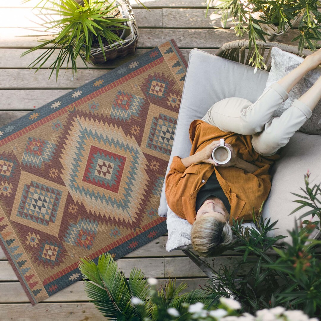 Aztec Symmetry Porch Rug, Patterns Outside Carpet, Brown Vinyl Rug ...