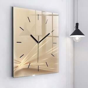Printed Clock Golden illusion, Beige Round Glass Clock, Customizable Wall Clock, Loft Wall Decoration