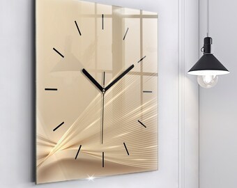 Printed Clock Golden illusion, Beige Round Glass Clock, Customizable Wall Clock, Loft Wall Decoration