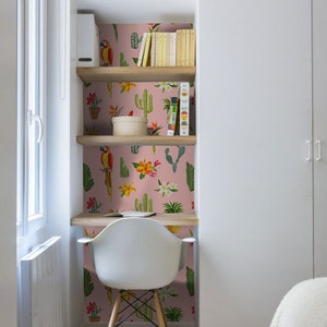 Parrot Tropical Flowers Removable Wallpaper, Pink Green And Yellow Wall Mural, Wall Covering English Style Wallpaper #339