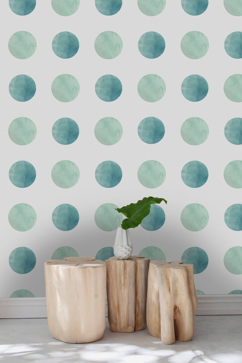 Watercolor dots removable wallpaper green and white wall mural reusable #256