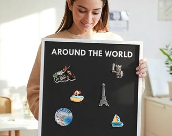 Around The World Magnetic Wall Art, Black Wall Hanging Organizer, Minimalist Modern Wall Decor, Texts Pattern