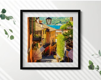 イタリアの町の絵のように美しい通りの絵画（額縁入り）、風景画（額縁