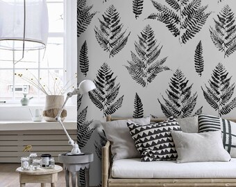Abnehmbare Tapete Farnblätter, Schwarz-Weiße Wandbild, Abnehmbare Tapete Farnblätter, Botanische Abnehmbare Tapete #433