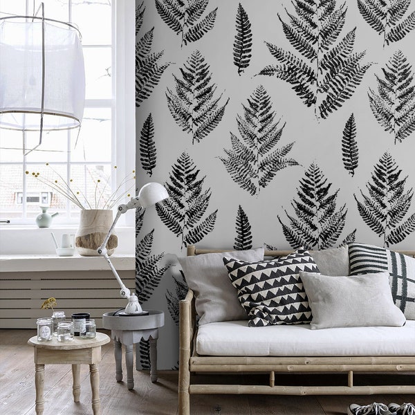 Fern leaves removable wallpaper black and white wall mural non woven #433