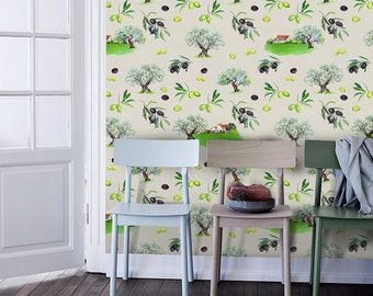 Olive branches removable wallpaper green and black wall mural reusable #268