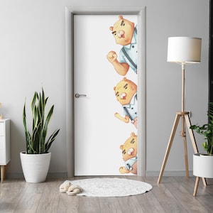 Bears On The Move Door Sticker, Carving Door Mural, Children&#39;s Door Decals, Creamy Door Mural, Bedroom Door Stickers