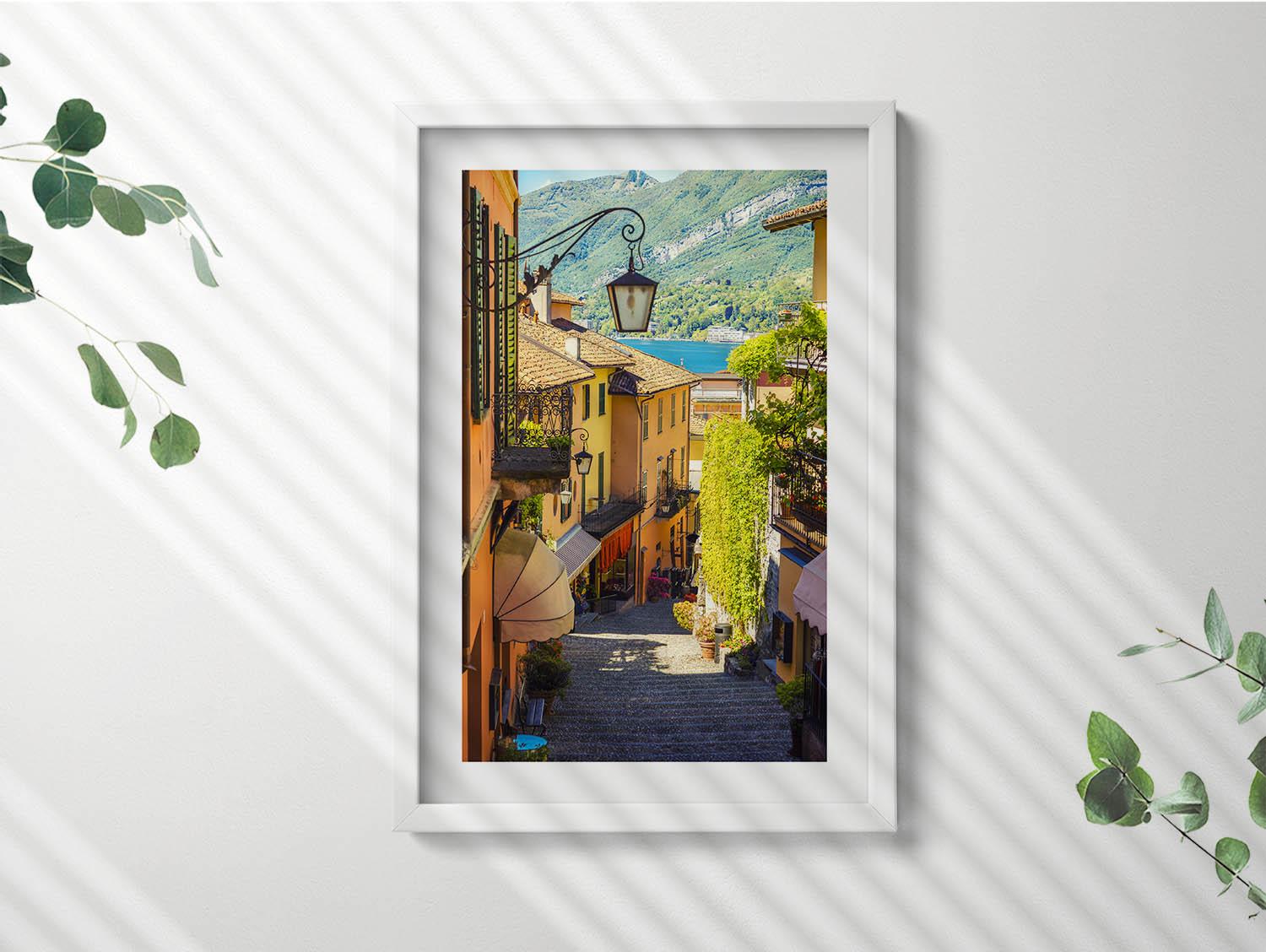 イタリアの町の絵のように美しい通りの絵画（額縁入り）、風景画（額縁